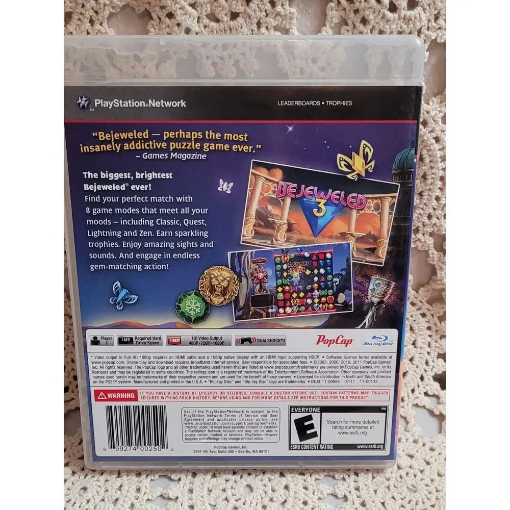 Bejeweled 3 (Sony‎ PlayStation 3, PS3 2011) Logic Game. Complete.